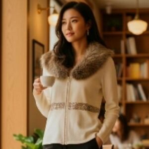 NWT Belldini Los Angeles Ivory Full Zip Cardigan Small Faux Fur Collar Y2K Glam